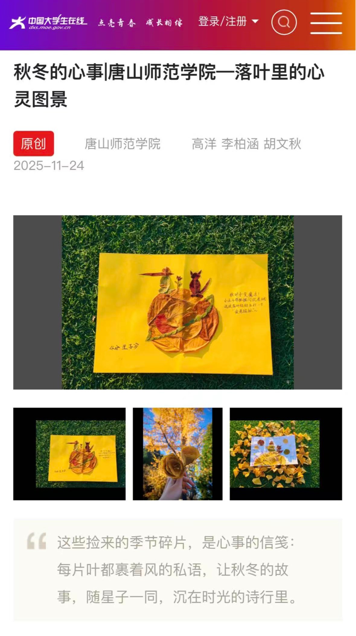 《中国大学生在线》——秋冬的心事|美加墨世界杯官方网站—落叶里的心灵图景